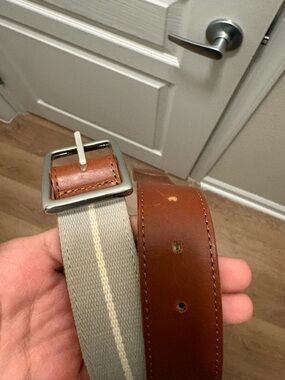 Vineyard Vines Brown Leather & Gray Canvas Belt with Cream Stripe